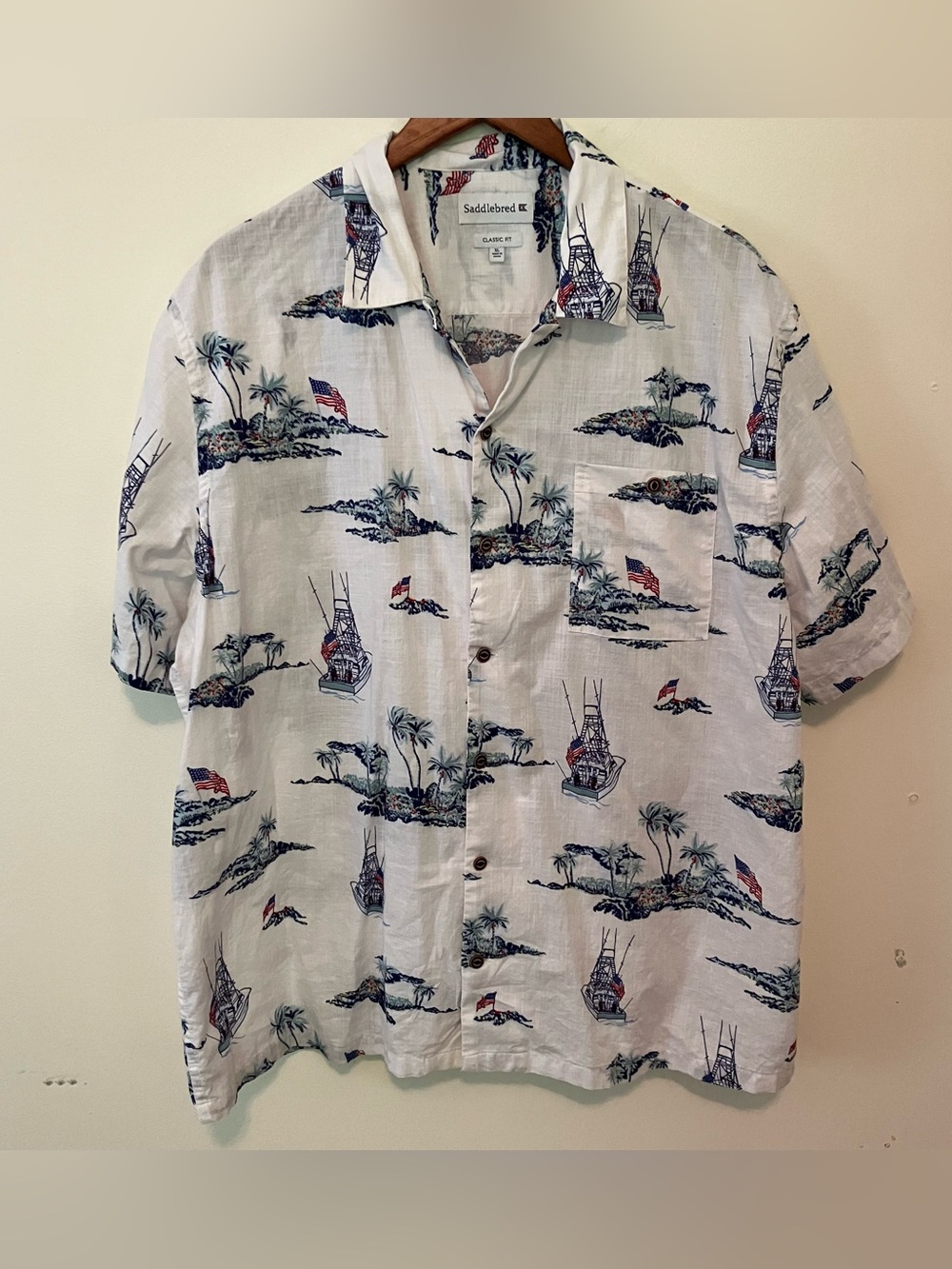 Men’s Short Sleeve Button Front Boating Flag Americana Patriotic Shirt XL Beachy